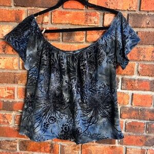 PaperMoon women vintage velvet burnout off the shoulder peasant top blue M